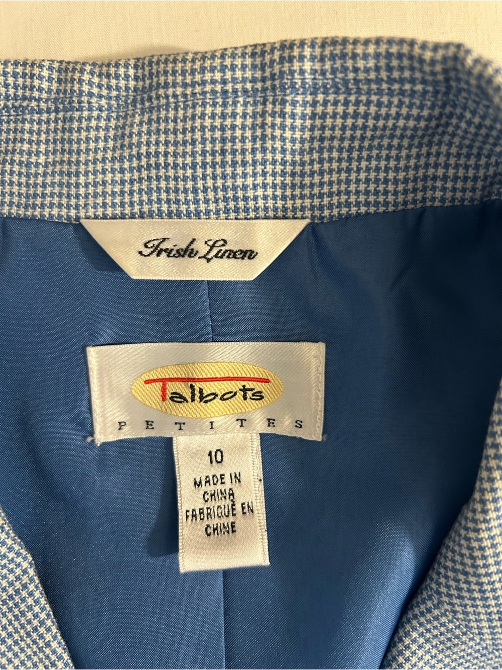 Talbots Women Petites Blue Houndstooth 100% Linen Blazer Women’s Size 10 - Picture 7 of 11
